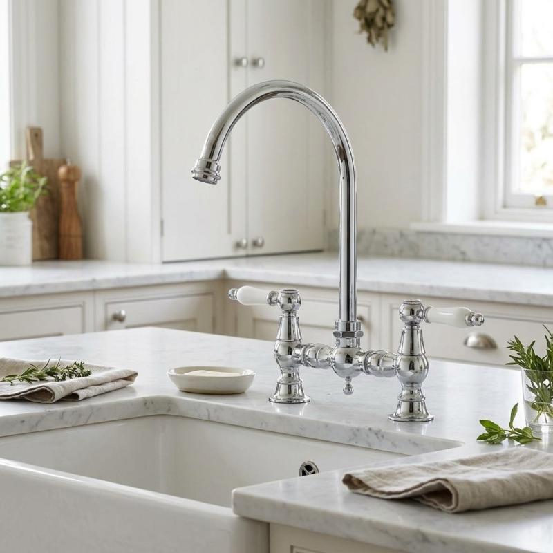 Aquanello Heritage Manor Klassieke Keuken Nostalgische Brug Keukenkraan Chroom met Witte Hendel en Ronde Uitlop CR-4001-HA